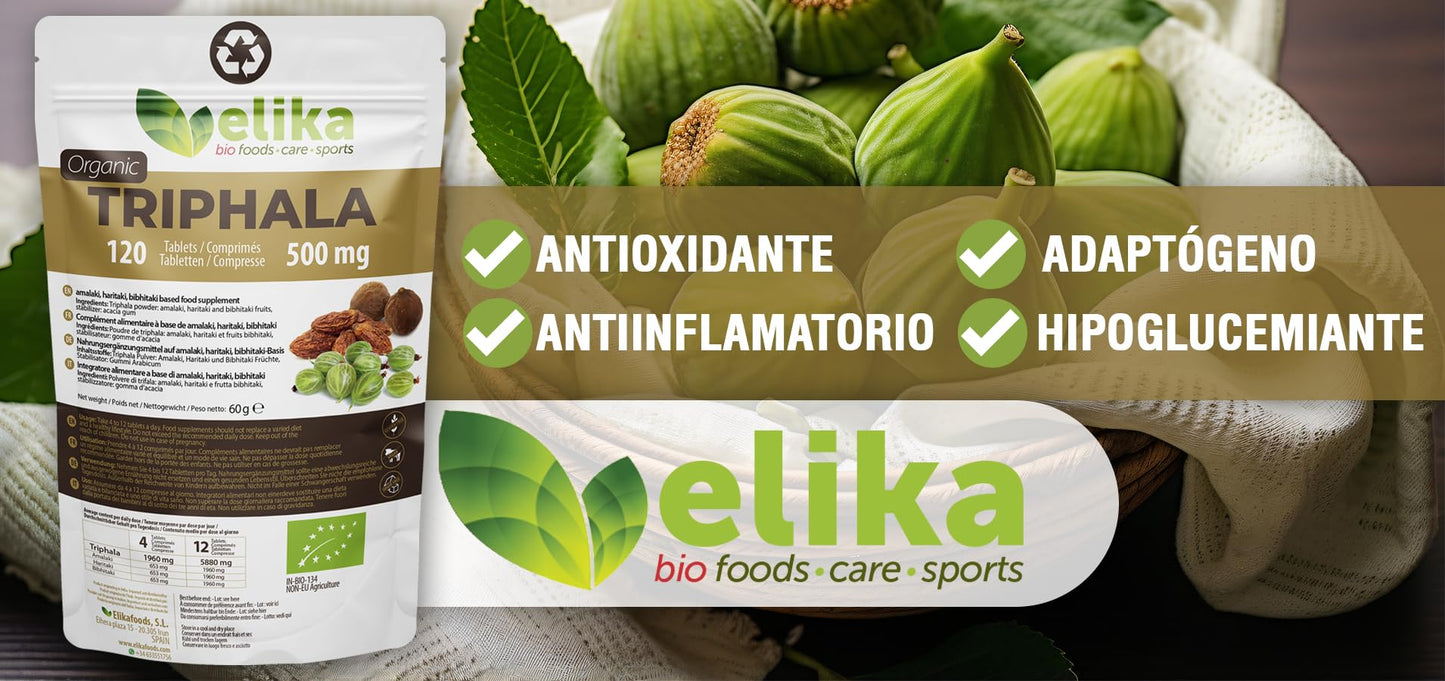 Triphala Elikafoods ® ORGÁNICA. Laxante Natural ayuda contra el estreñimiento. Laxante natural combate el estreñimiento. Comprimidos naturales estreñimiento, transito intestinal - 240ud 500mg