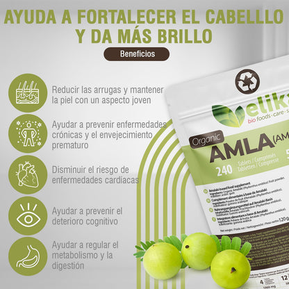AMLA Elikafoods ® ORGÁNICA Crecimiento Cabello - Vitamina cabello - Mejora la piel y caida pelo mujer - Con Vitamina C, Zinc, Proteina, Calcio, Hierro Suplemento. Caida cabello mujer (240ud -500mg)