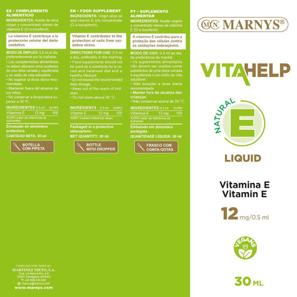 Marnys Vitamina E Líquida, Favorece la Protección Contra los Radicales Libres Oxidativos, Botella con Pipeta 30 Ml, Apta para Veganos 80 g