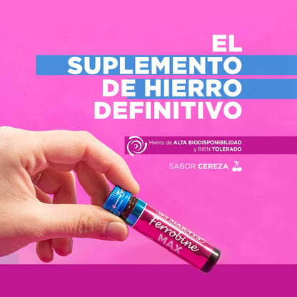 Ferrobine Max - Hierro, Zinc Y Vitaminas - Fortalecer el Cuerpo, Aliviando Cansancio y Fatiga - Para 1 Mes - 20 Viales Monodosis Con Sabor Cereza