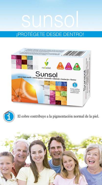 Novadiet - SUNSOL Cápsulas con HMB, Aceite de Coco, L-Triptófano, Carnitina, Café Verde y Colina - Para Potenciar y Mantener el Bronceado - Protección Solar para una Piel Radiante - 30 Cápsulas