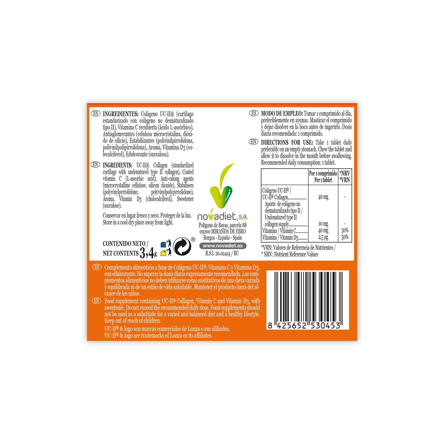 Novadiet - COLAMAG FLAS con Colágeno UC-II, Vitamina C y Vitamina D3 - Para la Formación Normal de Colágeno - Cuidado de Articulaciones, Cartílagos y Piel - 30 Comprimidos