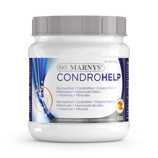 Marny's Condroitina y Glucosamina, Condrohelp, Movilidad en Cartilagos, Tendones y Ligamentos - con Colageno, Acido Hialuronico y Vitamina C - Formato Polvo con Sabor Naranja, Esencial, 350 Gramos