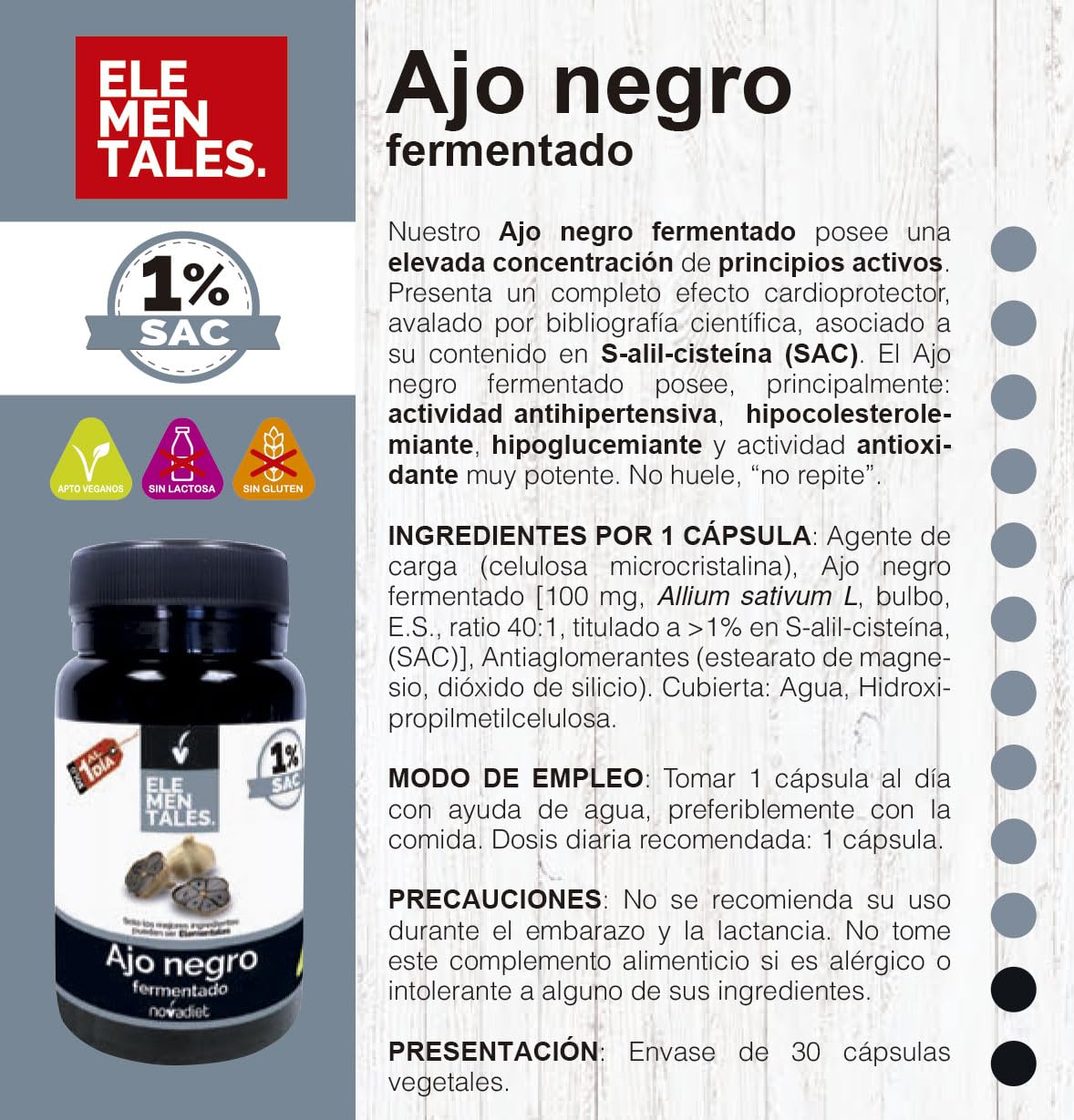 Novadiet - ELEMENTALES AJO NEGRO FERMENTADO Cápsulas con Ajo Negro - Complemento Alimenticio - Para la Salud Cardiovascular y Controlar Niveles de Glucosa - 30 Cápsulas Vegetales