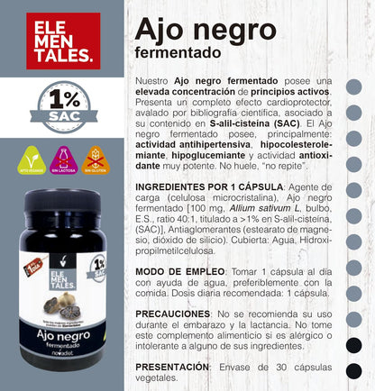 Novadiet - ELEMENTALES AJO NEGRO FERMENTADO Cápsulas con Ajo Negro - Complemento Alimenticio - Para la Salud Cardiovascular y Controlar Niveles de Glucosa - 30 Cápsulas Vegetales