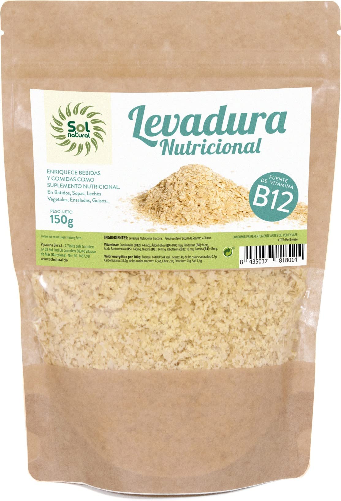 SOLNATURAL Levadura nutricional con vitamina b-12 150 g