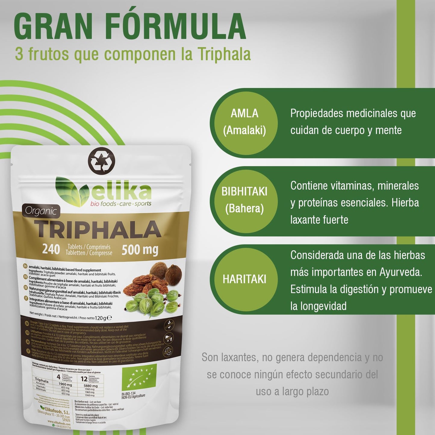 Triphala Elikafoods ® ORGÁNICA. Laxante Natural ayuda contra el estreñimiento. Laxante natural combate el estreñimiento. Comprimidos naturales estreñimiento, transito intestinal - 240ud 500mg
