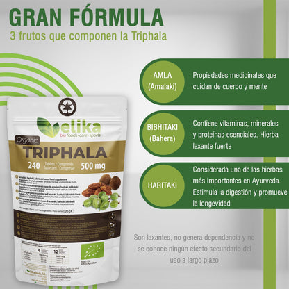 Triphala Elikafoods ® ORGÁNICA. Laxante Natural ayuda contra el estreñimiento. Laxante natural combate el estreñimiento. Comprimidos naturales estreñimiento, transito intestinal - 240ud 500mg