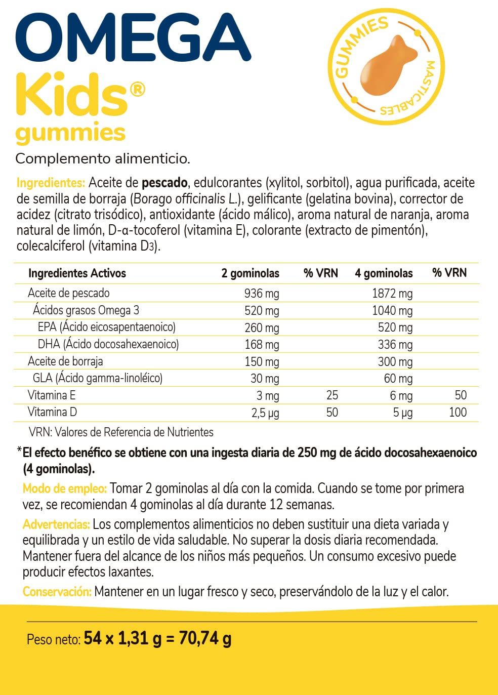 Ordesa OmegaKids Gummies | 54 Gominolas Masticables Complemento | Alimenticio con Omega 3 y Vitaminas para Niños desde los 5 Años, Ayuda al aporte adecuado de EPA y DHA