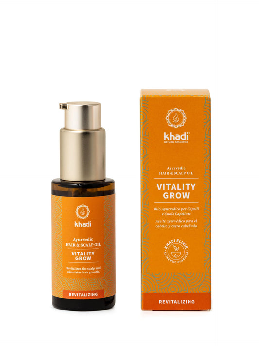 khadi VITALITY GROW Aceite capilar ayurvédico, 100% herbal y vegano, romero para más volumen y crecimiento del cabello, contra la caída del cabello, sin silicona ni parabenos, cosmética natural 50ml