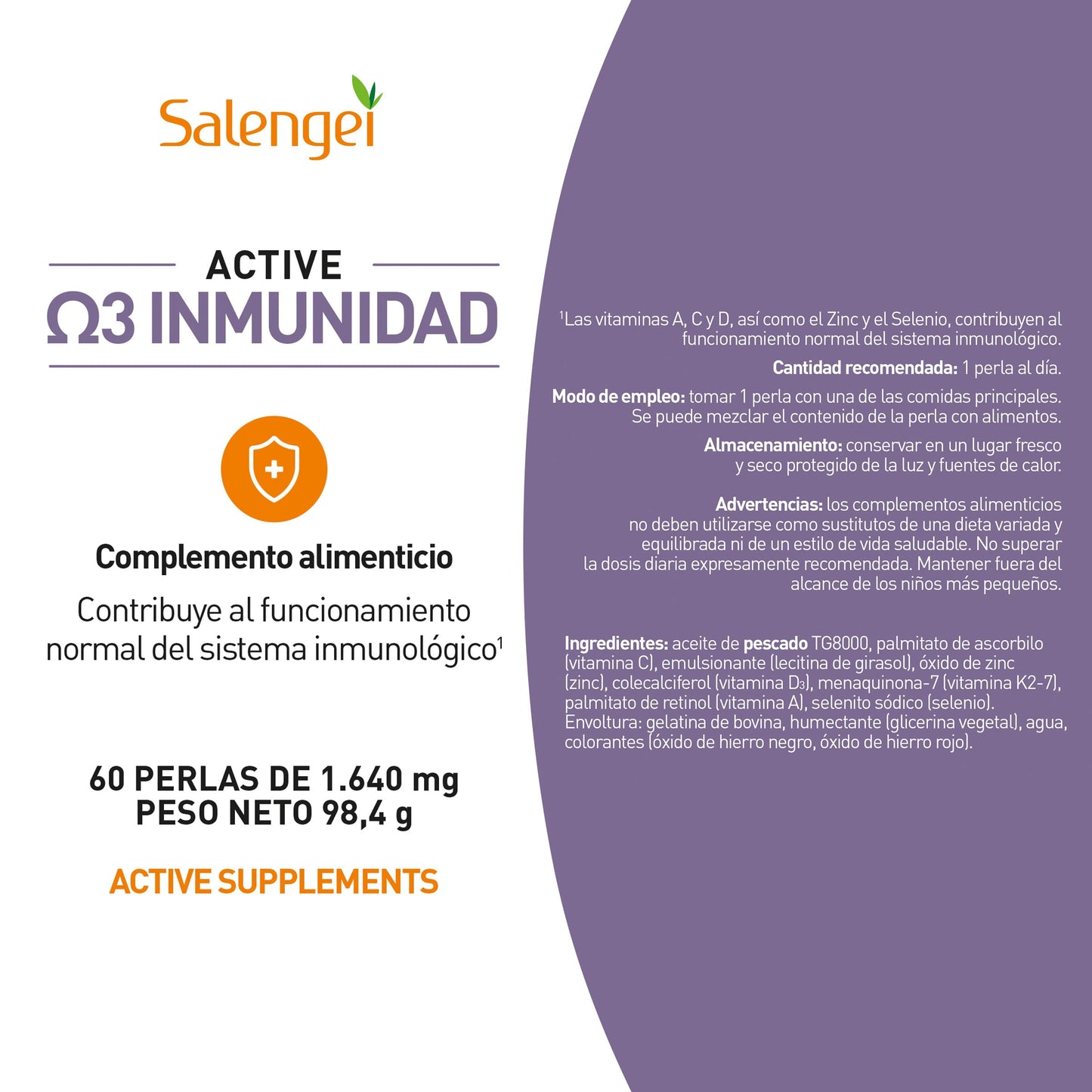 ACTIVE OMEGA 3 IMUNIDAD – CONTRIBUYE AL FUNCIONAMIENTO EL SISTEMA IMUNOLÓGICO | MULTIVITAMINICO CON ACIDOS GRASOS OMEGA 3 | VIITAMINAS A, C, D Y K2 (Menaquinona7) | 60 PERLAS |