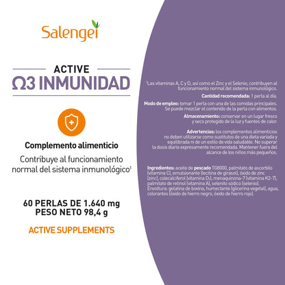 ACTIVE OMEGA 3 IMUNIDAD – CONTRIBUYE AL FUNCIONAMIENTO EL SISTEMA IMUNOLÓGICO | MULTIVITAMINICO CON ACIDOS GRASOS OMEGA 3 | VIITAMINAS A, C, D Y K2 (Menaquinona7) | 60 PERLAS |