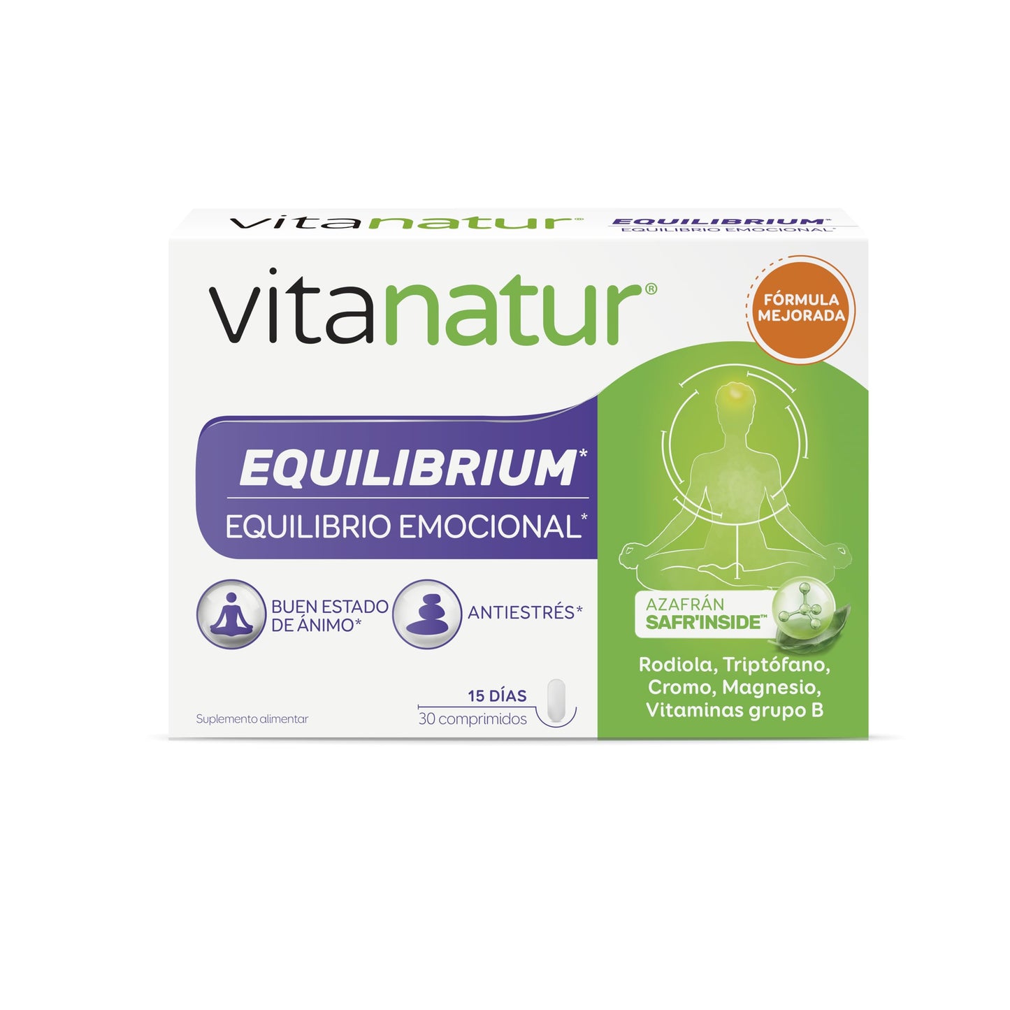 Vitanatur - Equilibrium (1), Complemento Alimenticio, con Azafrán, Rodiola, Triptófano y Vitamina B, Ingredientes que ayudan en Situaciones de Estrés (1) y el Estado de Ánimo (1) - 30 Comprimidos