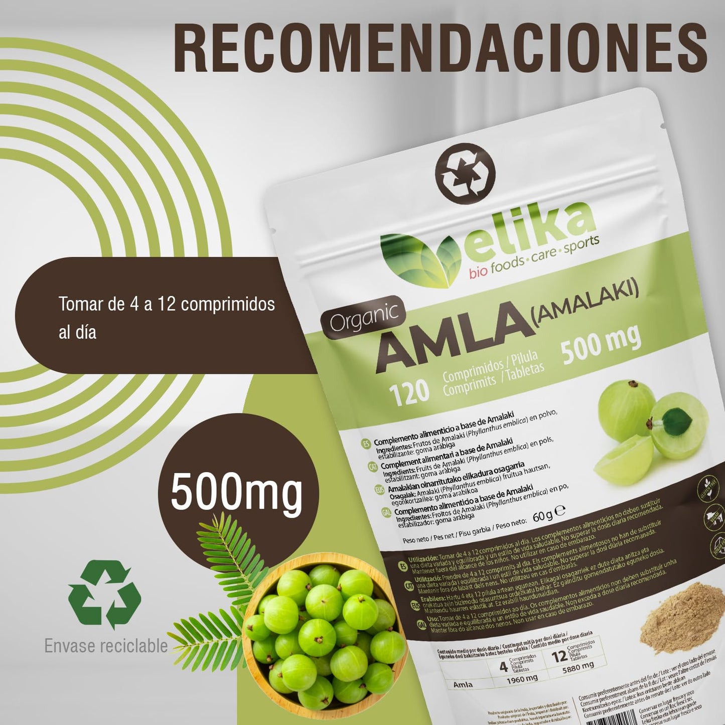 Amla Elikafoods® ORGÁNICA. 120 comprimidos de 500mg. Fortalecimiento y brillo de cabello y piel. Gran cantidad de Vitamina C, minerales y antioxidantes. Vegana y sin gluten. Fácil ingestión.