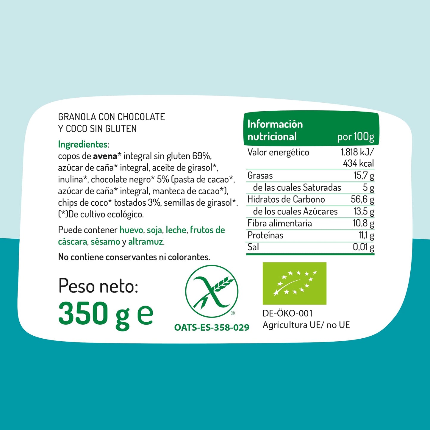 El Granero Integral - Granola con Chocolate y Coco sin Gluten BIO - 350 g - Fuente de Fibra y Nutrientes Esenciales - Mejora la Salud Intestinal - Ideal para el Desayuno - Apto para Veganos