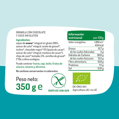 El Granero Integral - Granola con Chocolate y Coco sin Gluten BIO - 350 g - Fuente de Fibra y Nutrientes Esenciales - Mejora la Salud Intestinal - Ideal para el Desayuno - Apto para Veganos