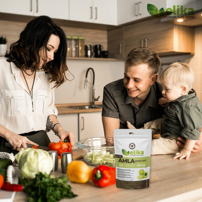 Amla Elikafoods® ORGÁNICA. 120 comprimidos de 500mg. Fortalecimiento y brillo de cabello y piel. Gran cantidad de Vitamina C, minerales y antioxidantes. Vegana y sin gluten. Fácil ingestión.