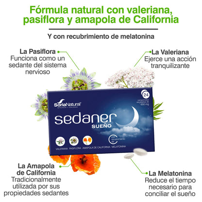 SoriaNatural - Sedaner Sueño - Complemento alimenticio - Ayuda a conciliar el sueño – Valeriana - Amapola - Pasiflora - Melatonina 24 comprimidos