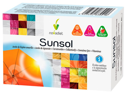 Novadiet - SUNSOL Cápsulas con HMB, Aceite de Coco, L-Triptófano, Carnitina, Café Verde y Colina - Para Potenciar y Mantener el Bronceado - Protección Solar para una Piel Radiante - 30 Cápsulas