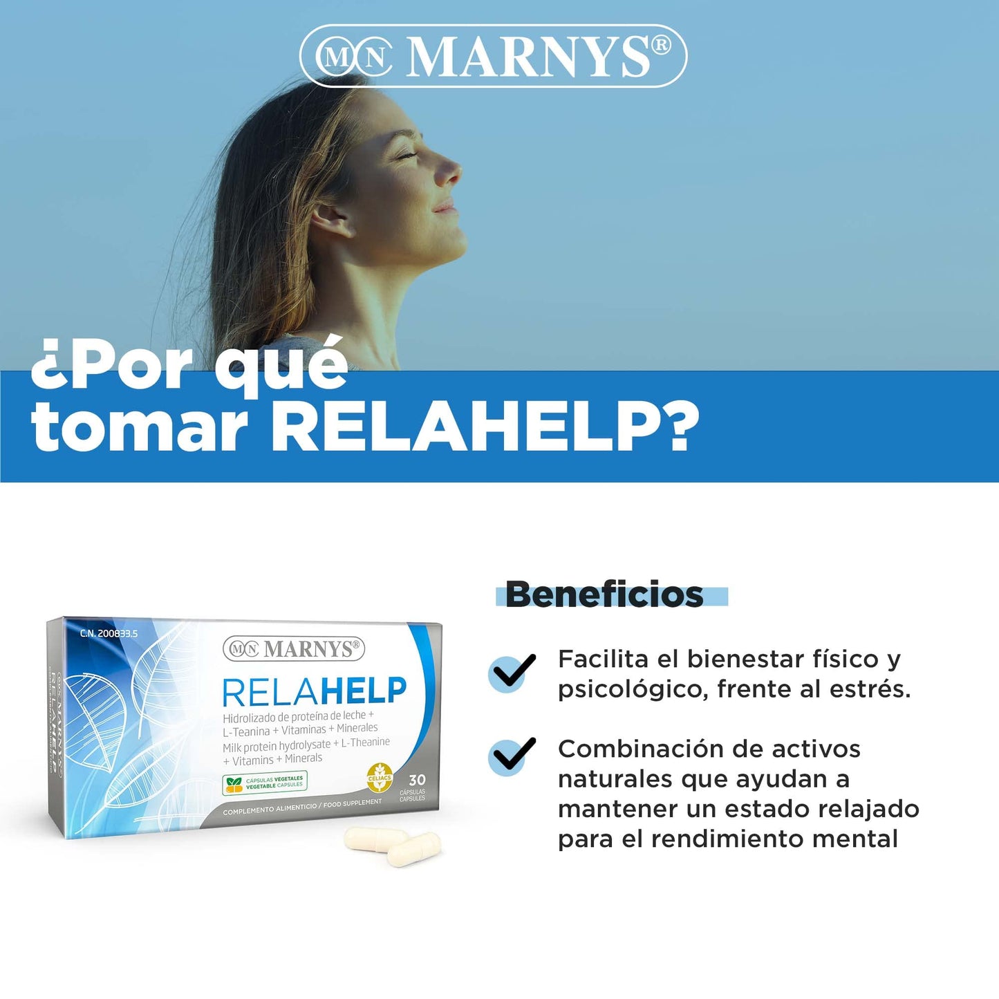 Relahelp - L-Teanina 100mg + HIDROLIZADO PROTEICO + Magnesio+ Zinc Alivio de la Ansiedad y Estrés - 30 cápsulas vegetales