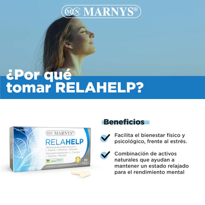 Relahelp - L-Teanina 100mg + HIDROLIZADO PROTEICO + Magnesio+ Zinc Alivio de la Ansiedad y Estrés - 30 cápsulas vegetales