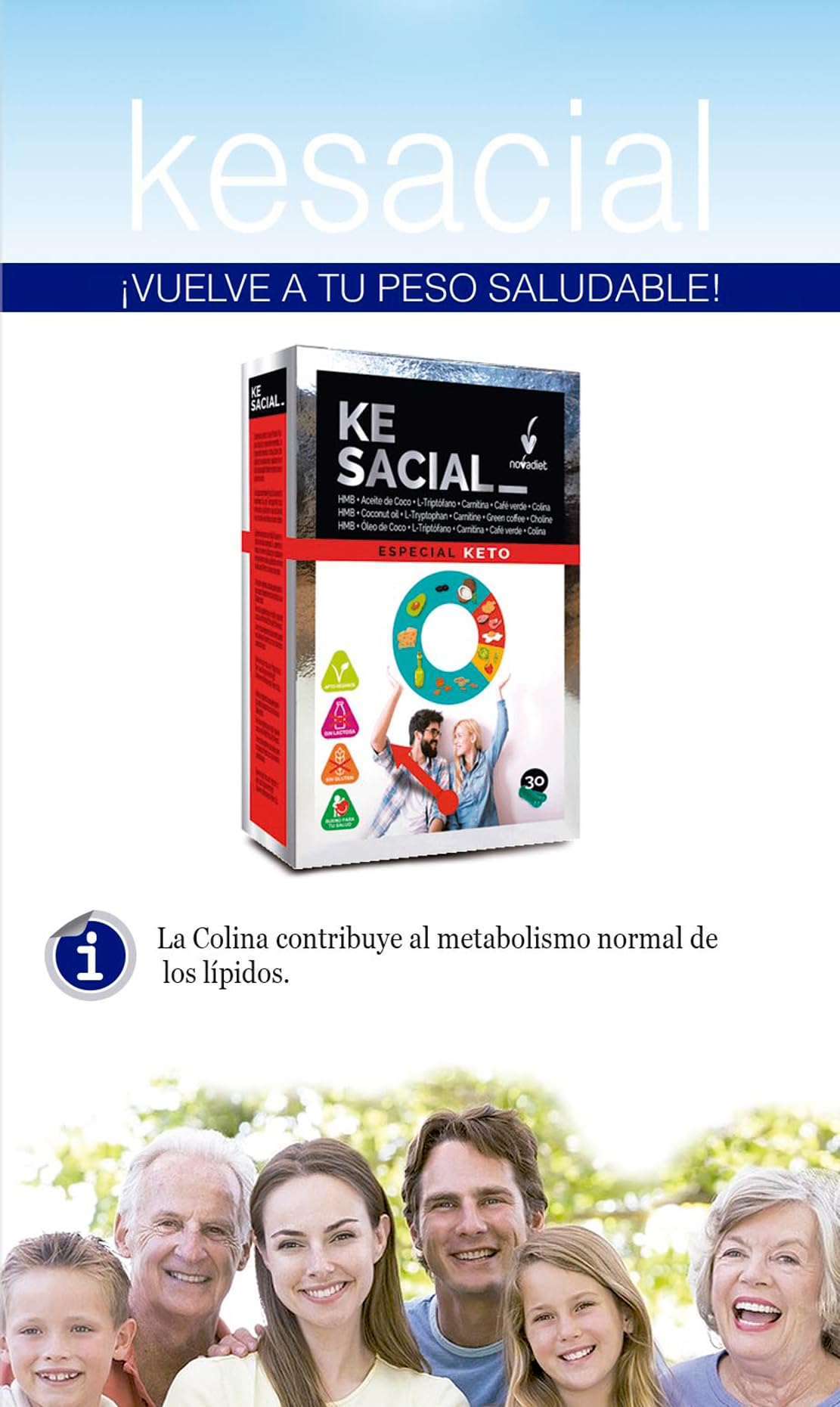 Novadiet - KESACIAL Cápsulas con HMB, Aceite de Coco y Café Verde - Coadyuvante en el Tratamiento del Sobrepeso y la Obesidad - 30 Cápsulas Vegetales