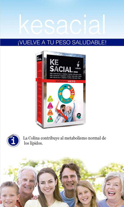 Novadiet - KESACIAL Cápsulas con HMB, Aceite de Coco y Café Verde - Coadyuvante en el Tratamiento del Sobrepeso y la Obesidad - 30 Cápsulas Vegetales