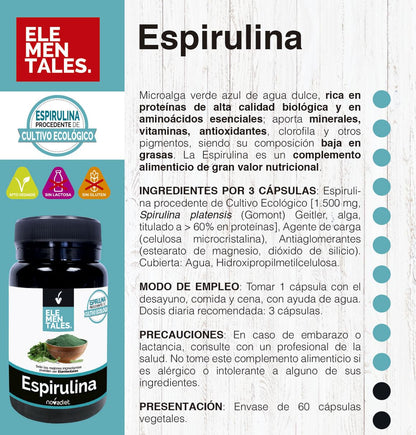 Novadiet - ELEMENTALES ESPIRULINA Cápsulas con Espirulina - Complemento Alimenticio Nutricional - Para Aportar Proteínas, Aminoácidos y Antioxidantes - 60 Cápsulas Vegetales