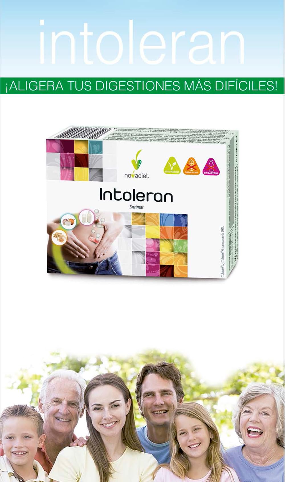 Novadiet - INTOLERAN Comprimidos con Enzimas - Mejora la Digestión de Gluten, Lactosa y Alimentos Vegetales - Favorece la Salud Digestiva - 30 Comprimidos Recubiertos