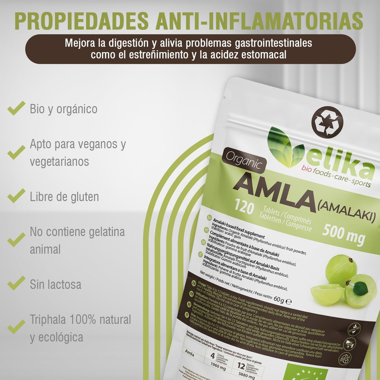 Amla Elikafoods® ORGÁNICA. 120 comprimidos de 500mg. Fortalecimiento y brillo de cabello y piel. Gran cantidad de Vitamina C, minerales y antioxidantes. Vegana y sin gluten. Fácil ingestión.