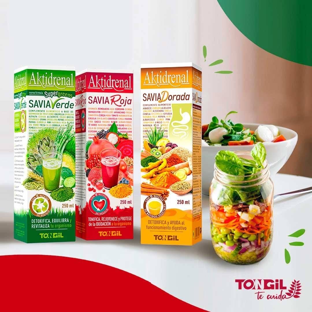 Tongil - Aktidrenal Savia Dorada 250ml - Cúrcuma, Hinojo, Canela, Chlorella, Aloe Vera, Frutas, Verduras, Enzimas, vitaminas y Minerales - Detoxifica y Favorece el Confort Digestivo - Apto Veganos