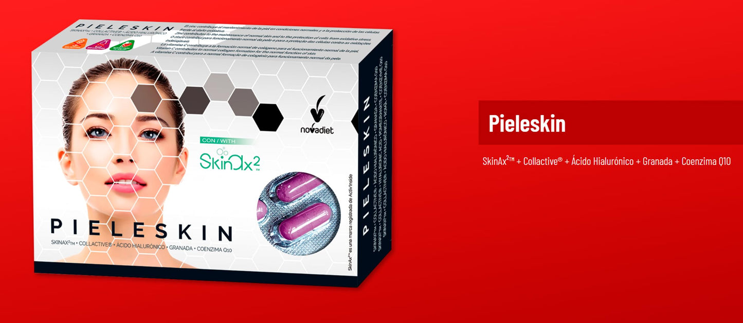 Novadiet - PIELESKIN Capsulas con SkinAx²™, Collactive, Ácido Hialurónico, Granada y Coenzima Q10 - Ayuda Reducir las Arrugas, las Manchas y las Imperfecciones de la Piel - 30 Cápsulas