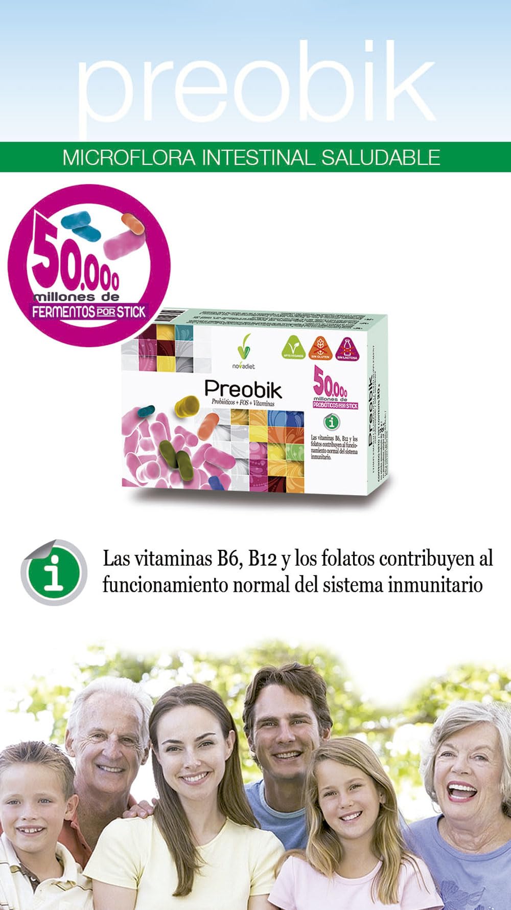 Novadiet - PREOBIK Sticks con Fermentos, FOS y Vitaminas - Complemento Alimenticio que Favorece el Sistema Inmunitario y el Bienestar Intestinal - 10 Sticks