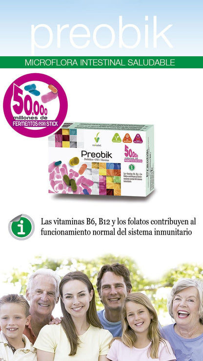Novadiet - PREOBIK Sticks con Fermentos, FOS y Vitaminas - Complemento Alimenticio que Favorece el Sistema Inmunitario y el Bienestar Intestinal - 10 Sticks