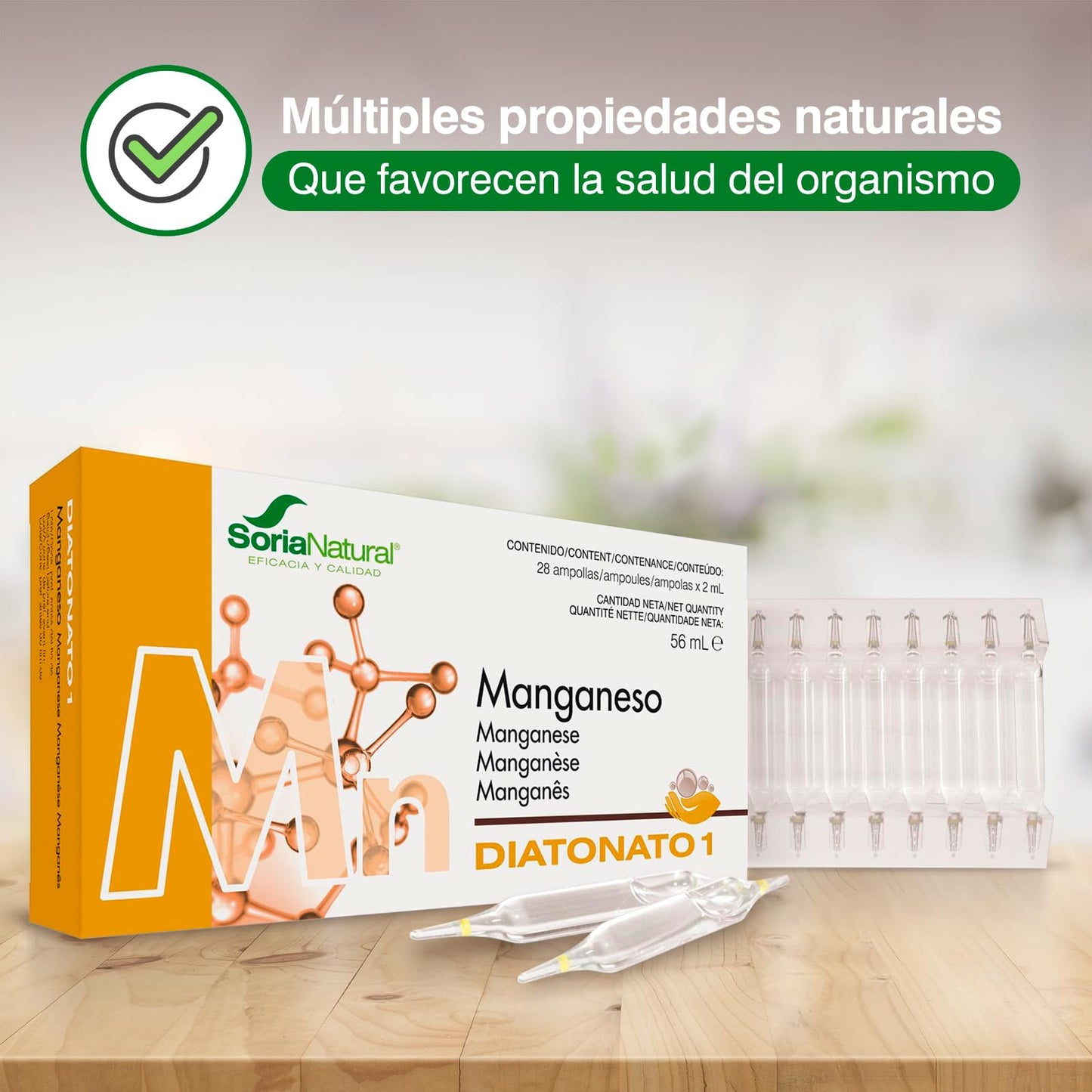 Soria Natural Diatonato 1 Manganeso - Suplemento a Base de Manganeso en Ampollas – Favorece Huesos y Tejidos Conectivos – Ayuda al Metabolismo - Caja con 28 Ampollas de 2 ml