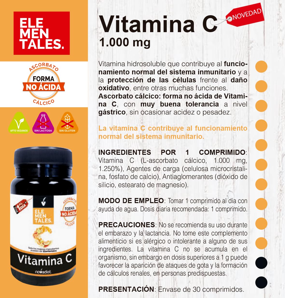 Novadiet - ELEMENTALES VITAMINA C con Vitamina C - Para Reforzar el Sistema Inmune, Proteger las Células y Promover la Salud - Antioxidante Natural - Apoya la Formación de Colágeno - 30 Comprimidos
