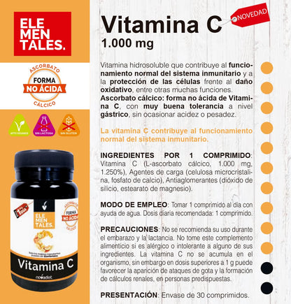 Novadiet - ELEMENTALES VITAMINA C con Vitamina C - Para Reforzar el Sistema Inmune, Proteger las Células y Promover la Salud - Antioxidante Natural - Apoya la Formación de Colágeno - 30 Comprimidos