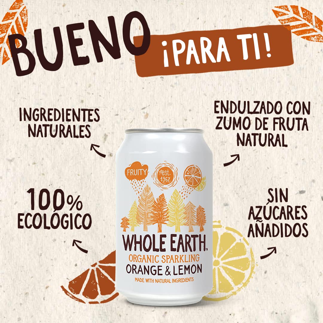 Whole Earth - Refresco Ecológico de Limón y Naranja - 330 ml - Sin Azúcar Añadido y Sin Gluten - Apto para Veganos - Indicado para Tomar en Frío - Elaborada con Ingredientes Naturales