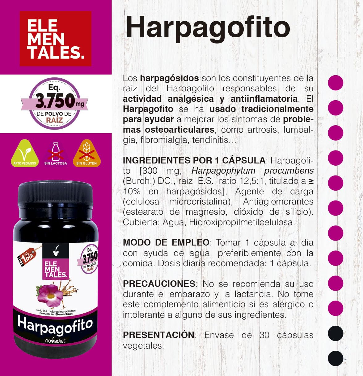 Novadiet - ELEMENTALES HARPAGOFITO Cápsulas con Harpagofito - Complemento Alimenticio - Para Disminuir el Dolor y la Inflamación - 30 Cápsulas Vegetales