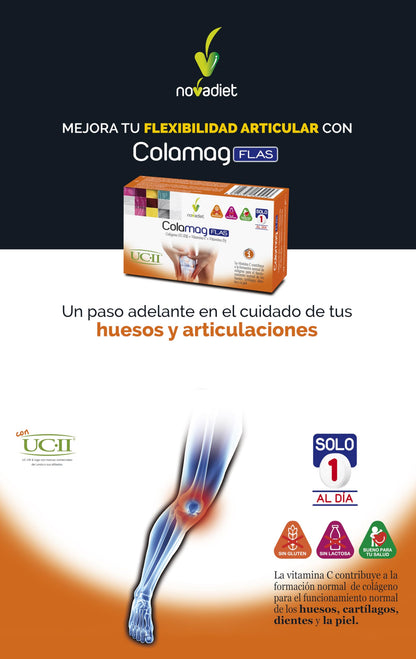 Novadiet - COLAMAG FLAS con Colágeno UC-II, Vitamina C y Vitamina D3 - Para la Formación Normal de Colágeno - Cuidado de Articulaciones, Cartílagos y Piel - 30 Comprimidos
