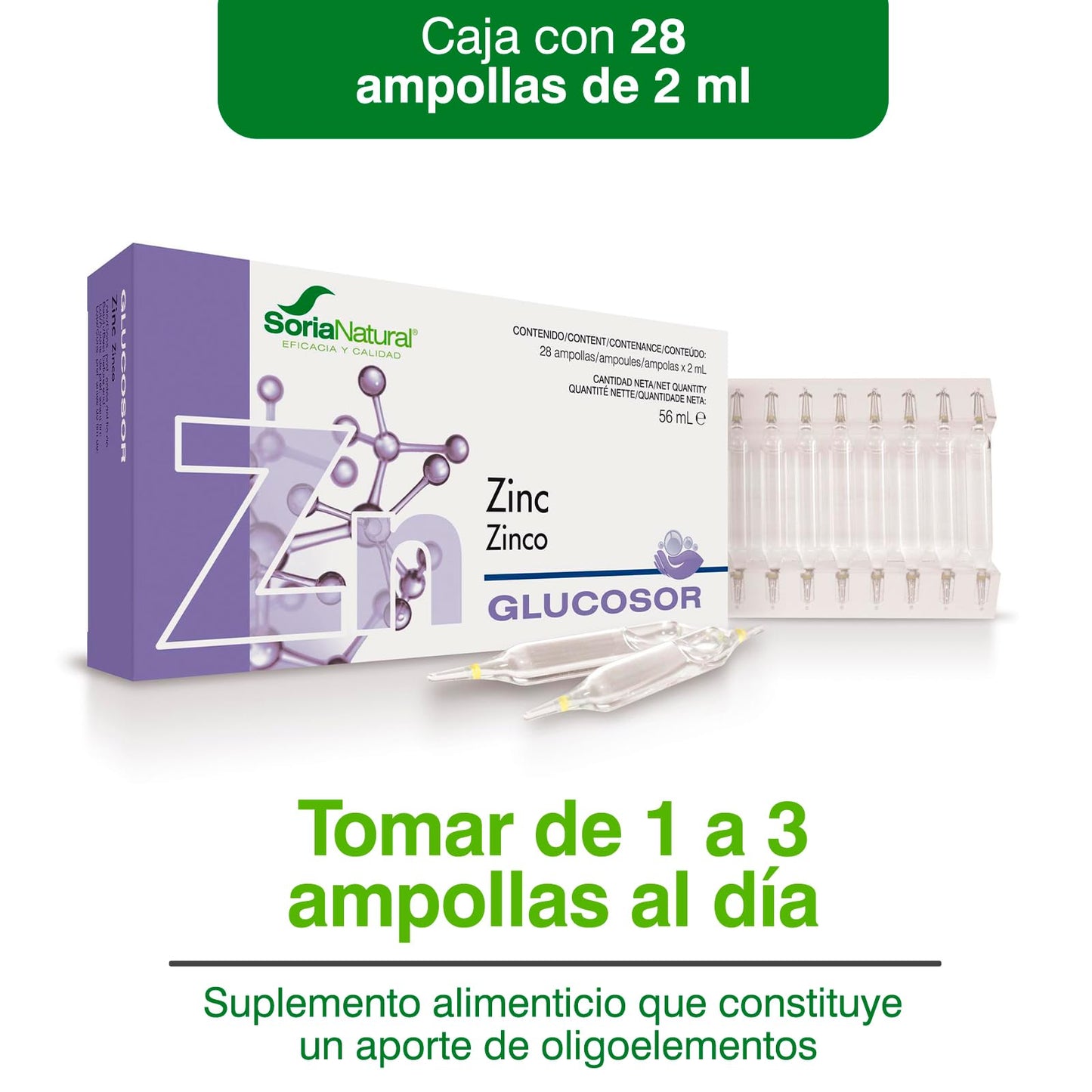 Soria Natural Glucosor Zinc - Suplemento a Base de Zinc en Ampollas – Favorece la Salud Inmunológica – Ayuda a la Salud de la Piel -Caja con 28 Ampollas de 2 ml