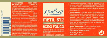 Vitamina B12 Vegana 500mcg Estado Puro - B12 Metilcobalamina y Acido Folico Activo - Complejo Vitamina B: B1, B2, B3, B5, B6, B12, Biotina, Ácido Fólico y Espirulina - 60 Cápsulas Veganas de Tongil