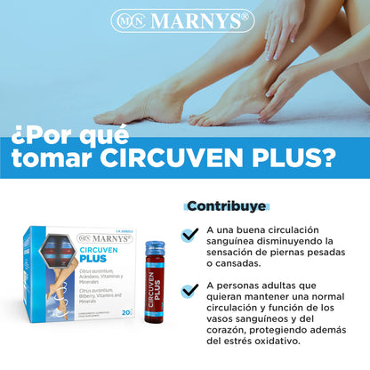Circuven Plus MARNYS, Arándano Azul Útil para la Circulación Venosa, Piernas Más Ligeras, Disminuye la sensación de Piernas Cansadas, 20 Viales bebibles de 10 Ml
