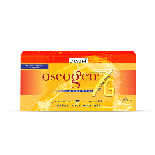 OSEOGEN 7G con Cissus Vitis, Condroitina, Glucosamina, MSM y Cúrcuma| para Huesos, Cartílagos y Articulaciones |ayuda en la Regeneración de Tejidos Dañados | 20 Viales = 20 Días |Sabor Naranja