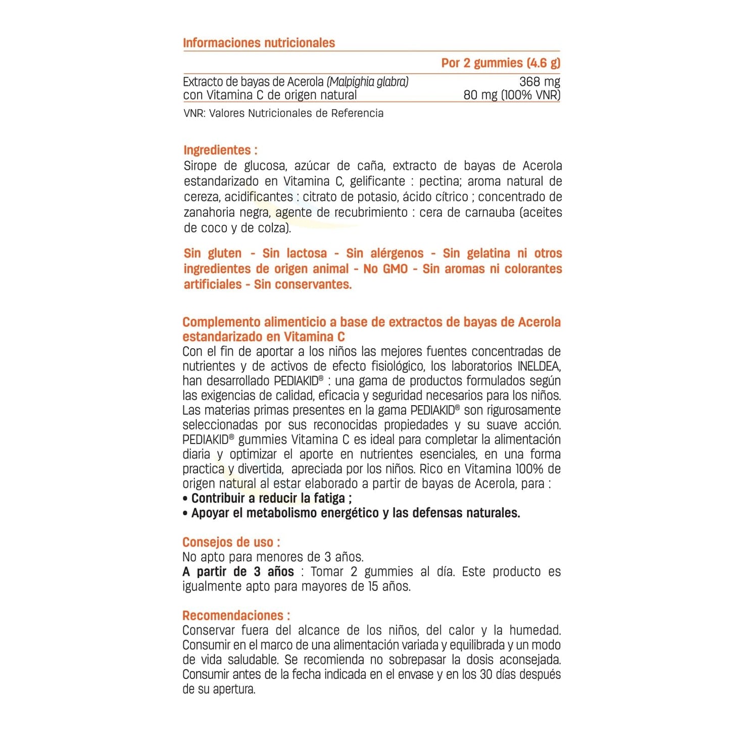PEDIAKID - Gummies Vitamina C - Fórmula Natural con Delicioso Aroma de Cereza - Ayuda a Reducir la Fatiga - Refuerza el Metabolismo Energético y las Defensas del Organismo - 60 gominolas