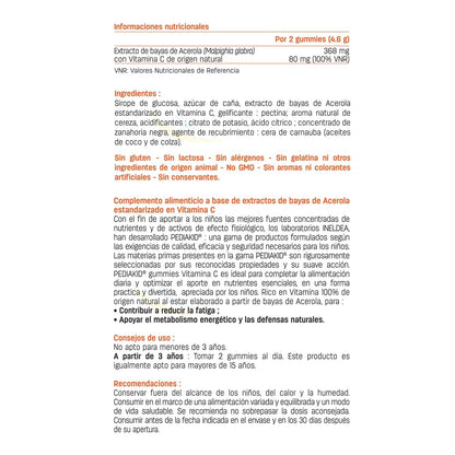 PEDIAKID - Gummies Vitamina C - Fórmula Natural con Delicioso Aroma de Cereza - Ayuda a Reducir la Fatiga - Refuerza el Metabolismo Energético y las Defensas del Organismo - 60 gominolas