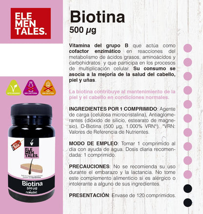 Novadiet - ELEMENTALES BIOTINA 500 µg Comprimidos - Ayuda a Mejorar la Salud de Cabello, Piel y Uñas - 120 Comprimidos
