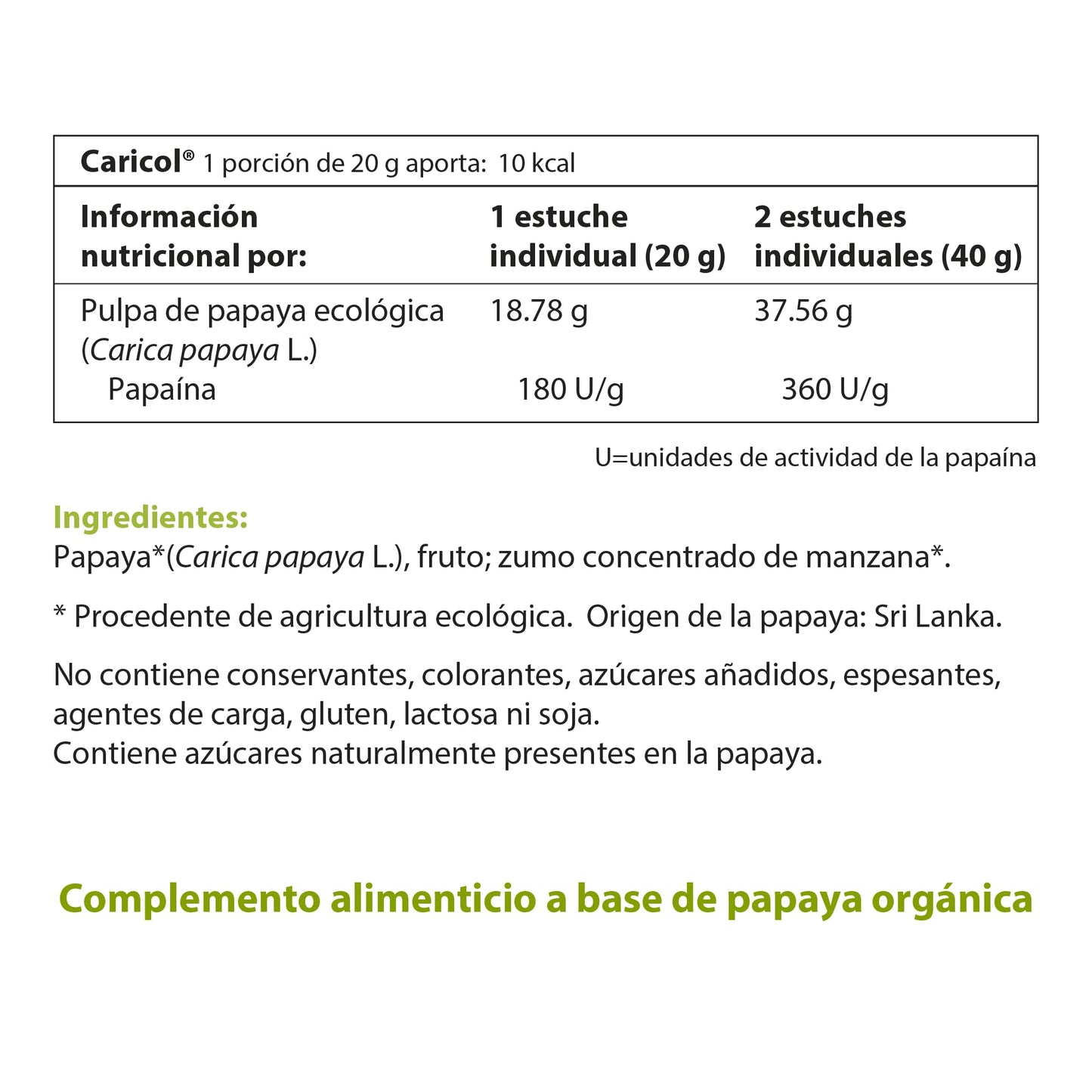 Caricol - Con Enzimas Digestivas de Papaya - Promueve un Sistema Digestivo Sano - 20 Estuches Individuales de 20 g - Gran Fuente de Nutrientes - Sin Aditivos - 100% Natural