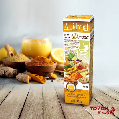 Tongil - Aktidrenal Savia Dorada 250ml - Cúrcuma, Hinojo, Canela, Chlorella, Aloe Vera, Frutas, Verduras, Enzimas, vitaminas y Minerales - Detoxifica y Favorece el Confort Digestivo - Apto Veganos