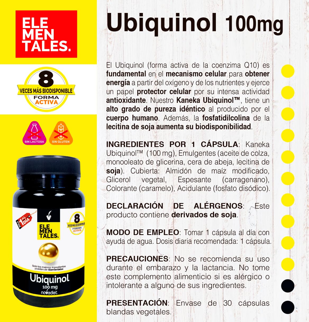 Novadiet - ELEMENTALES UBIQUINOL 100 MG Càpsulas con Kaneka Ubiquinol - Complemento Alimenticio Potente Antioxidante - Apoyo Cardiovascular, Oral, Neuronal y Renal - 30 Cápsulas Blandas Vegetales